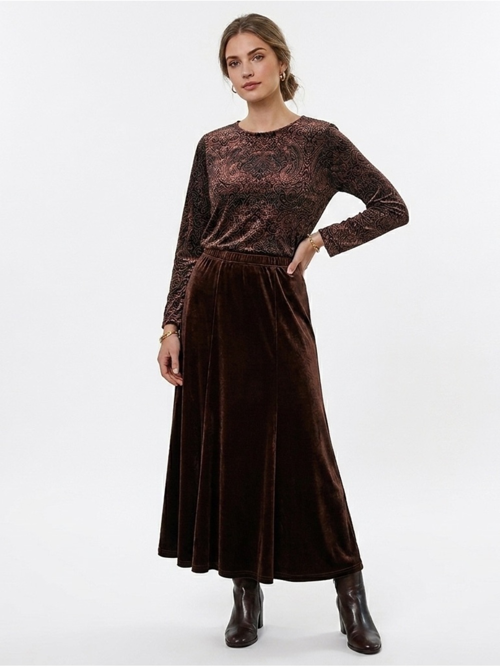 Dialogue Brown Velvet Maxi Skirt & paisley tunic NWT